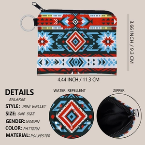 Detailed view of Aztec print polyester coin purse with waterproof zipper and keychain
