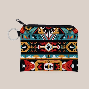 Portable Aztec Geometric Print Coin Purse For Women Girls Polyester Tribal Pattern Zipper Mini Wallet With Keychain Key Ring