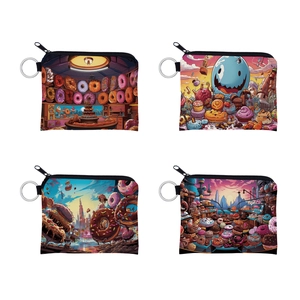 Cute Donut Printed Polyester Coin Purse Portable Zipper Wallet With Keychain Mini Storage Bag For Girls Women Gift