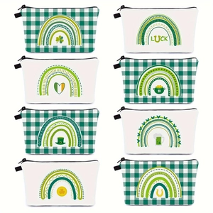 St Patrick's Day Cosmetic Bag Polyester Printed Shamrock Rainbow Travel Toiletry Makeup Bag Festive Pouch For Women