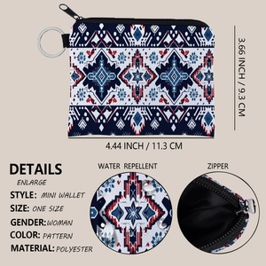 Aztec print mini coin purse with key ring, water repellent polyester wallet for women
