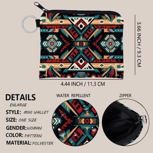 Aztec print mini coin purse with key ring and water repellent polyester material