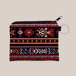 Detail of Aztec tribal pattern coin purse with silver keychain and black zipper
