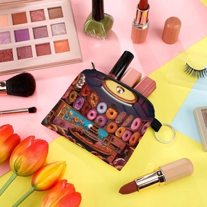 Mini donut print coin purse and cosmetic bag with zipper and round metal keychain ring