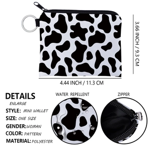 Waterproof cow print mini coin purse with metal keychain ring for women and girls