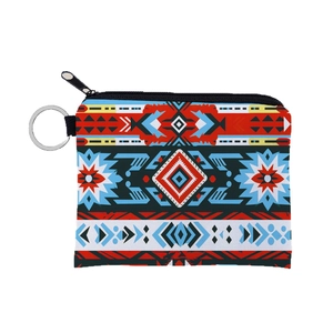 Aztec print canvas coin purse with bohemian geometric pattern and metal keychain