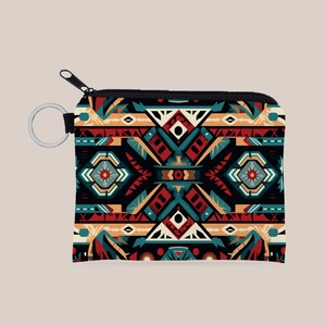 Ethnic Aztec Print Coin Purse Polyester Zipper Mini Wallet With Keychain For Women Girls Retro Geometric Pattern Pouch