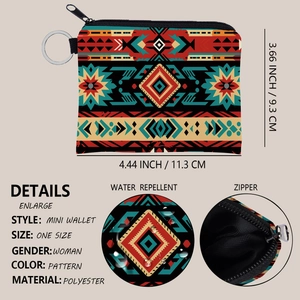 Aztec print mini coin purse with geometric patterns and metal keychain ring