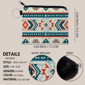 Aztec print polyester mini coin purse with tribal geometric patterns and metal key ring