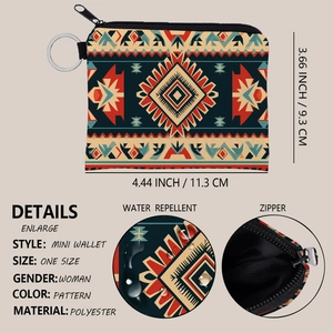 Aztec print mini coin purse made of water repellent polyester with zipper and metal hook