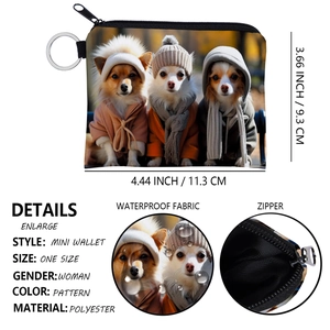 Mini polyester coin purse with cute dog print, waterproof fabric and key ring for women
