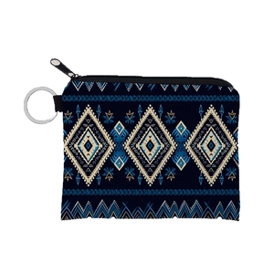 Aztec print coin purse with blue geometric pattern and silver keychain for women