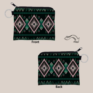 Detailed front and back view of ethnic Aztec pattern coin purse with metal keychain