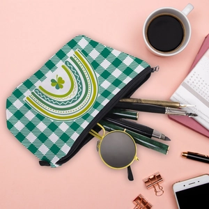 Portable St. Patrick's Day green clover checkered makeup bag for travel storage