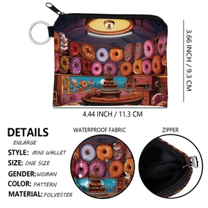Waterproof polyester donut print coin purse with keychain and zipper closure