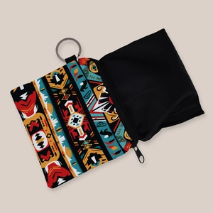 Aztec print coin purse with tribal patterns and metal keychain for women and girls