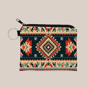 Aztec Geometric Print Waterproof Mini Wallet Zipper Coin Purse With Keychain Ring For Women Girls Bohemian Ethnic Storage Bag