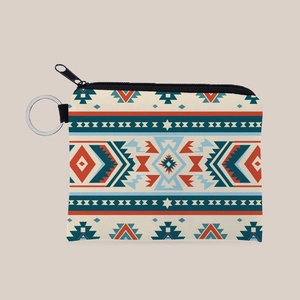 Ethnic Aztec Geometric Print Coin Purse Polyester Small Zipper Wallet With Metal Keychain Ring For Women Girls Travel Storage