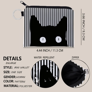 Water repellent mini polyester coin purse with black cat stripe print and zipper