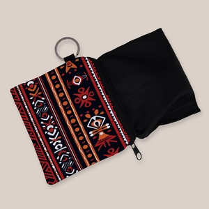 Aztec print coin purse keychain with ethnic geometric pattern and metal ring