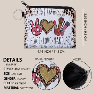 Mini portamonete in poliestere con stampa Peace Love Makeup e cerniera impermeabile