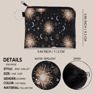 Star and moon print mini coin purse with keychain clip and water repellent fabric
