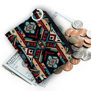 Aztec print coin purse detail with zipper and metal ring showing storage capacity