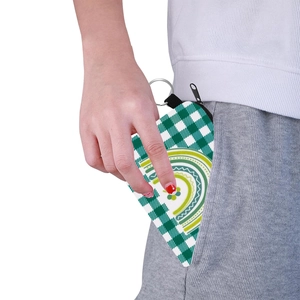 Green plaid triangle coin purse with rainbow print and metal keychain for women