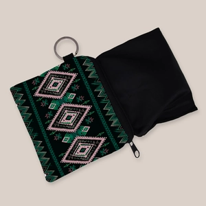 Aztec print canvas coin purse with metal keychain ring for women, pink geometric pattern