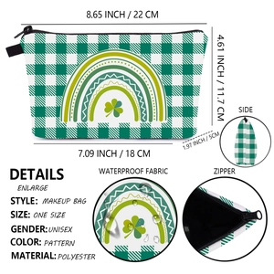 Saint Patrick's Day makeup bag with clover print and waterproof fabric details