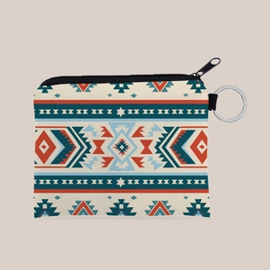Detail of Aztec pattern coin purse with metal keychain and durable black zipper