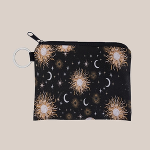 Women Portable Polyester Zipper Coin Purse With Keychain Ring Sun Moon Star Print Mini Storage Bag Wallet For Daily Use