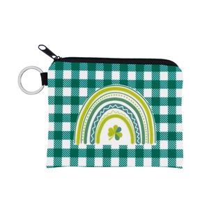 Detail of St. Patrick's Day coin purse with green rainbow and clover pattern print
