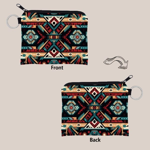 Detailed front and back view of Aztec tribal pattern coin purse with metal keychain