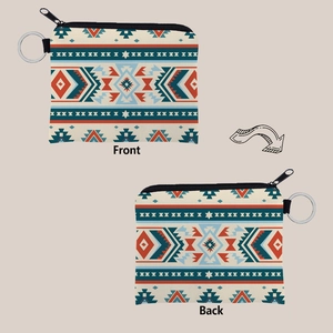 Aztec print coin purse with metal keychain ring showing both front and back views