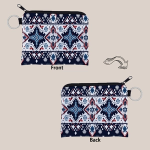 Front and back view of Aztec print coin pouches with bohemian patterns and keychains