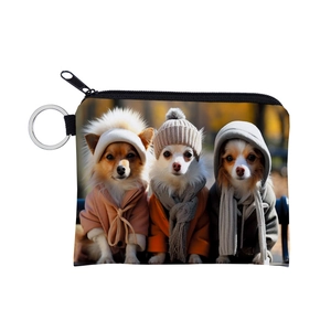 Close-up of durable small coin pouch with three cute puppies print and metal keyring