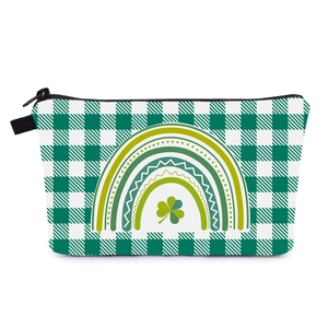 Detail of St. Patrick's Day makeup bag with green gingham pattern and rainbow clover print