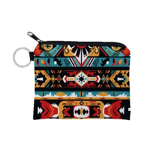 Aztec print mini coin purse with tribal geometric pattern and silver keychain ring