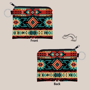 Detailed front and back view of Aztec print coin purse with keychain and zipper closure