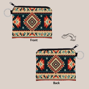 Front and back view of Aztec pattern coin purse with metal keychain and zipper detail