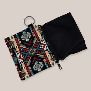 Aztec print coin purse with geometric tribal pattern and metal keychain ring for women
