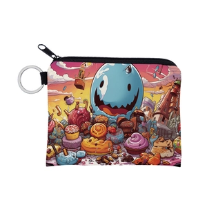Detail of colorful doughnut pattern coin purse with a secure silver metal keychain ring