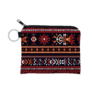 Aztec print coin purse with tribal geometric pattern and silver keychain ring