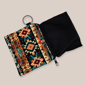 Aztec print coin purse with colorful geometric patterns and silver metal keychain ring