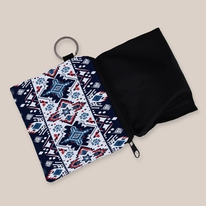 Aztec print coin purse with silver keychain ring and geometric ethnic patterns