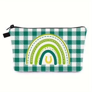 Detail of St. Patrick’s Day makeup bag showing green plaid pattern and rainbow print