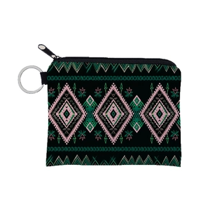Aztec print coin purse with ethnic geometric patterns and silver keychain ring