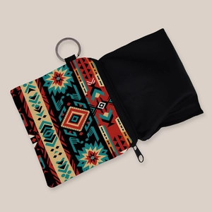 Aztec print mini coin purse with colorful geometric pattern and metal keychain ring