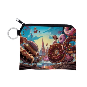 Detailed view of the donut pattern coin purse with metal keychain and black zipper closure